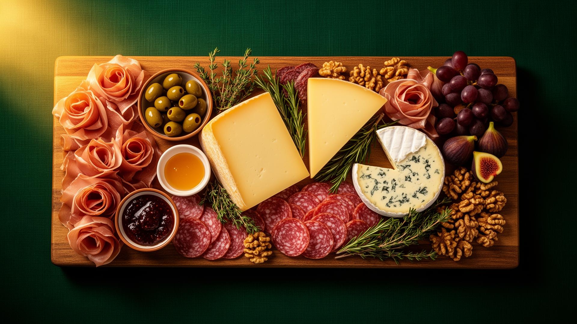 Luxe borrelplank met charcuterie, kazen, vijgen en gouden accenten op donkergroen linnen