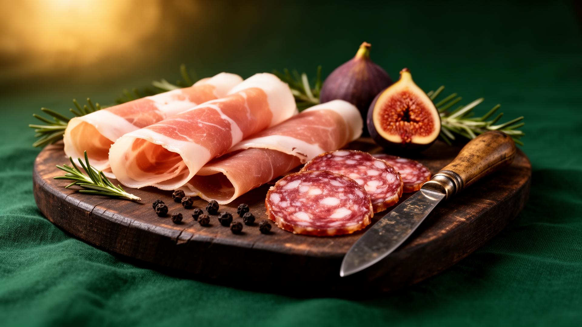 Vers gesneden charcuterie op een houten plank met vijgen en rozemarijn
