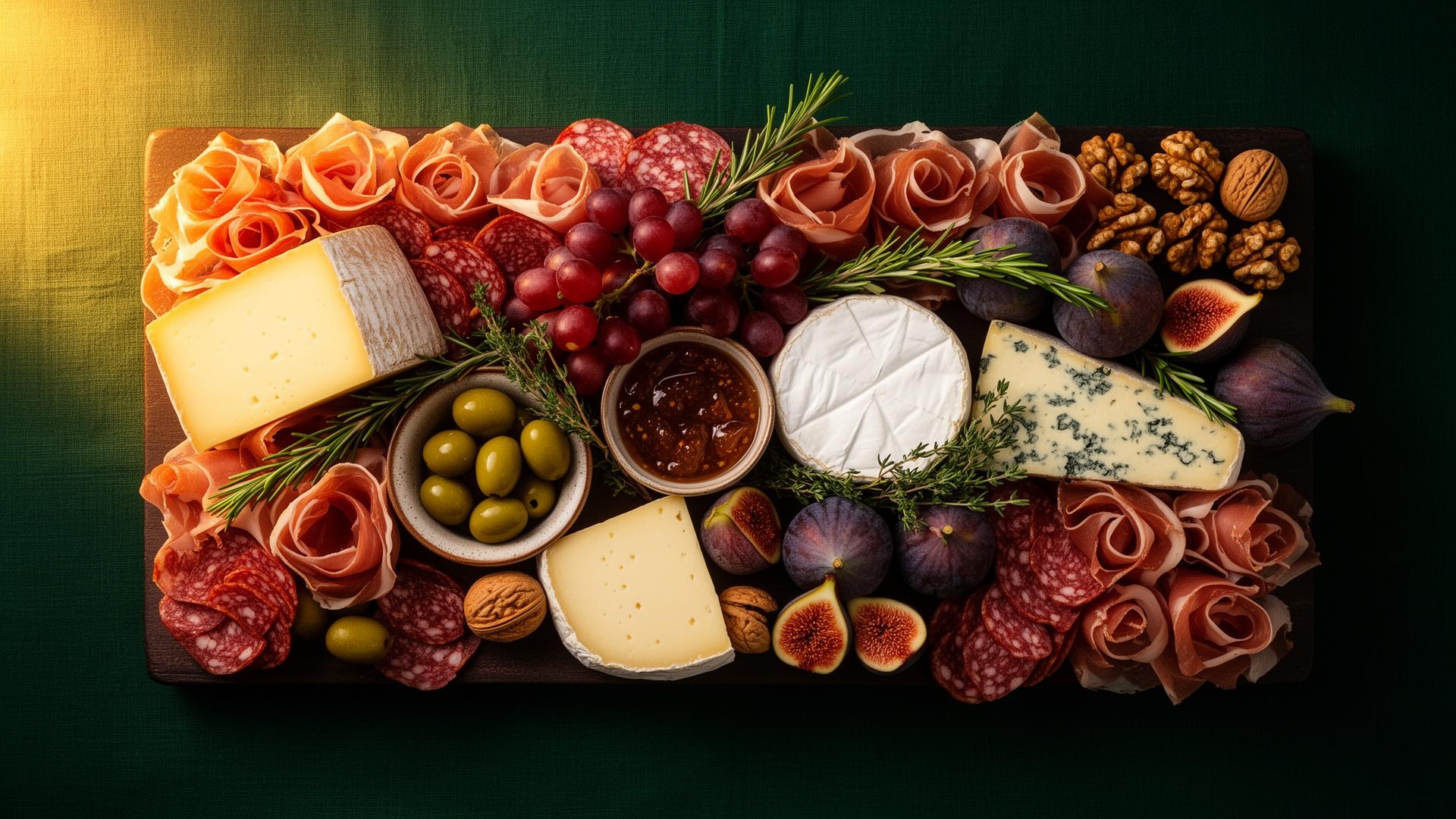 Royale charcuterieplank op donkergroen linnen met coppa- en jambonroosjes, manchego, comté, brie, blauwschimmel, saucisson, chorizo, vijgen, druiven, walnoten, olijven en vijgenjam